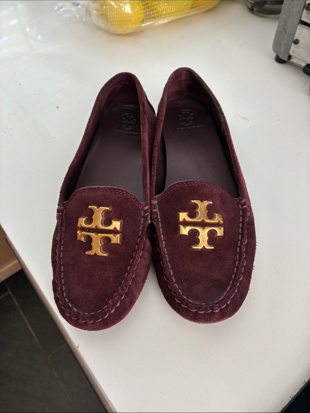Tory Burch Wine Burgundy Suede Logo Moccasins